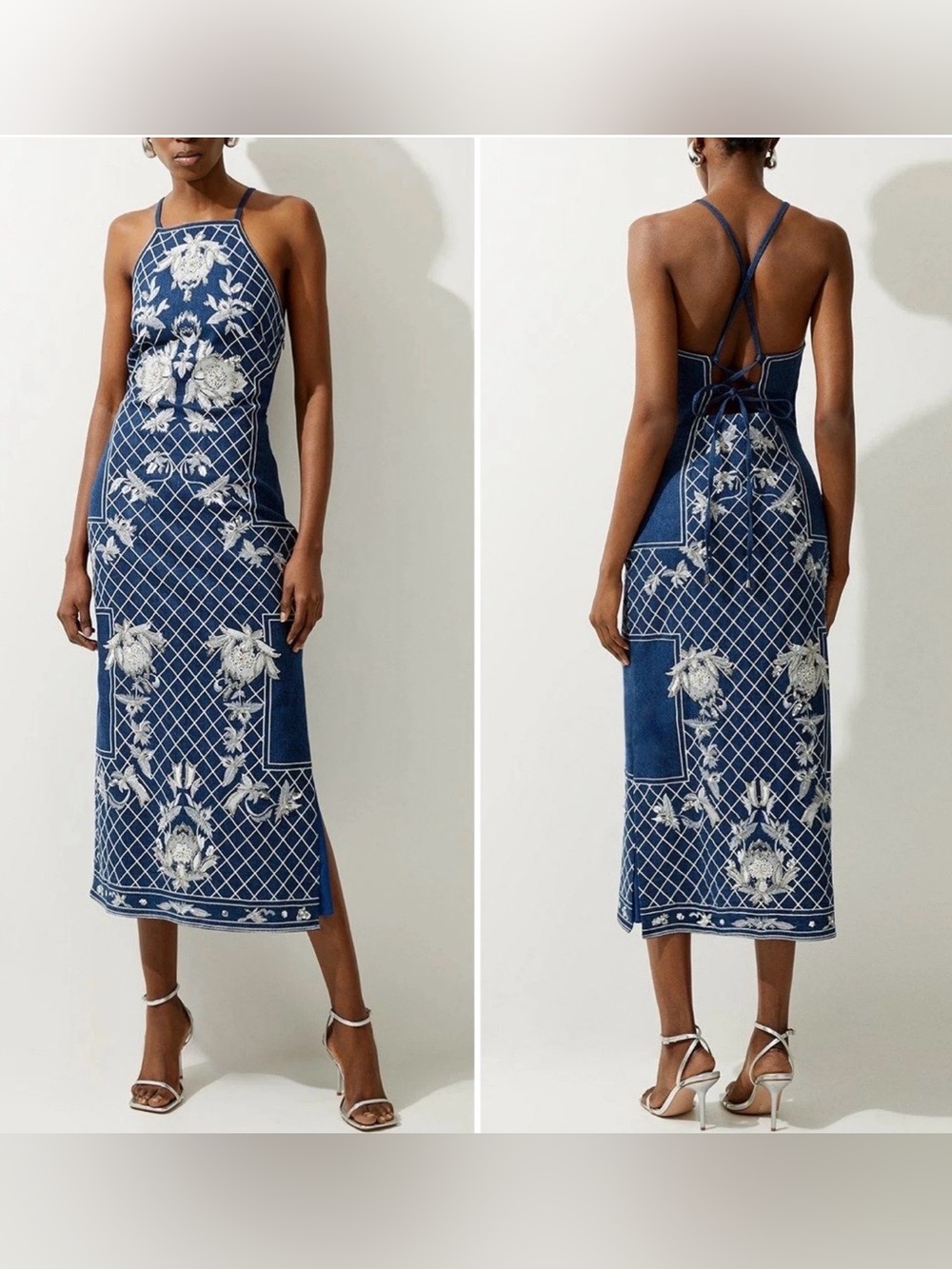 NWT Karen Millen Beaded Embellished Denim Woven Halter Midi Dress US 6 - Picture 6 of 16